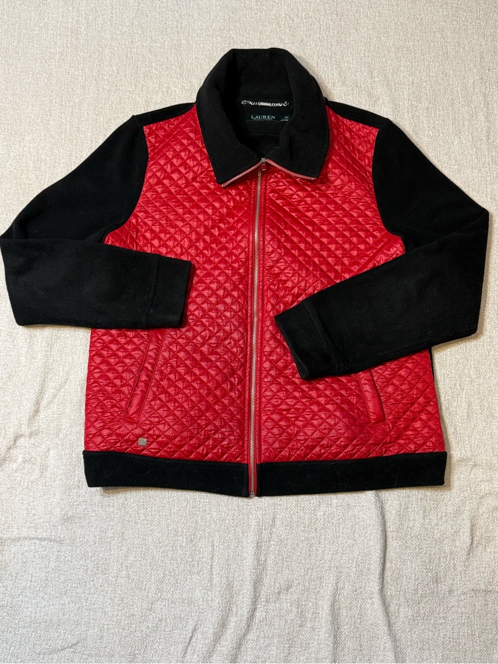 Lauren Ralph Lauren L Red Black Quilted Fleece Jacket Gorpcore Equestrian